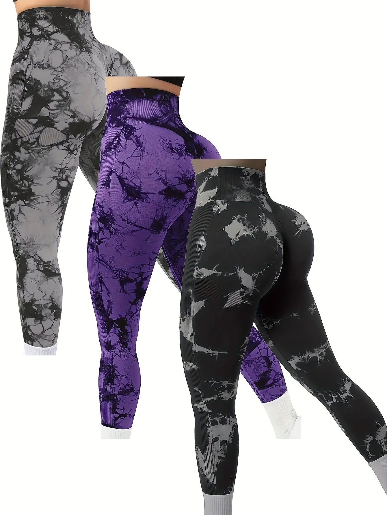 3pcs Women Tie Dye High Stretchy Yoga Leggings Pants - High Waist Butt Lifting Workout Tight Sports Pants - Made from Polyester & Spandex - Suitable for Yoga, Fitness & Workout - Perfect Gift for Women Who Love Sports